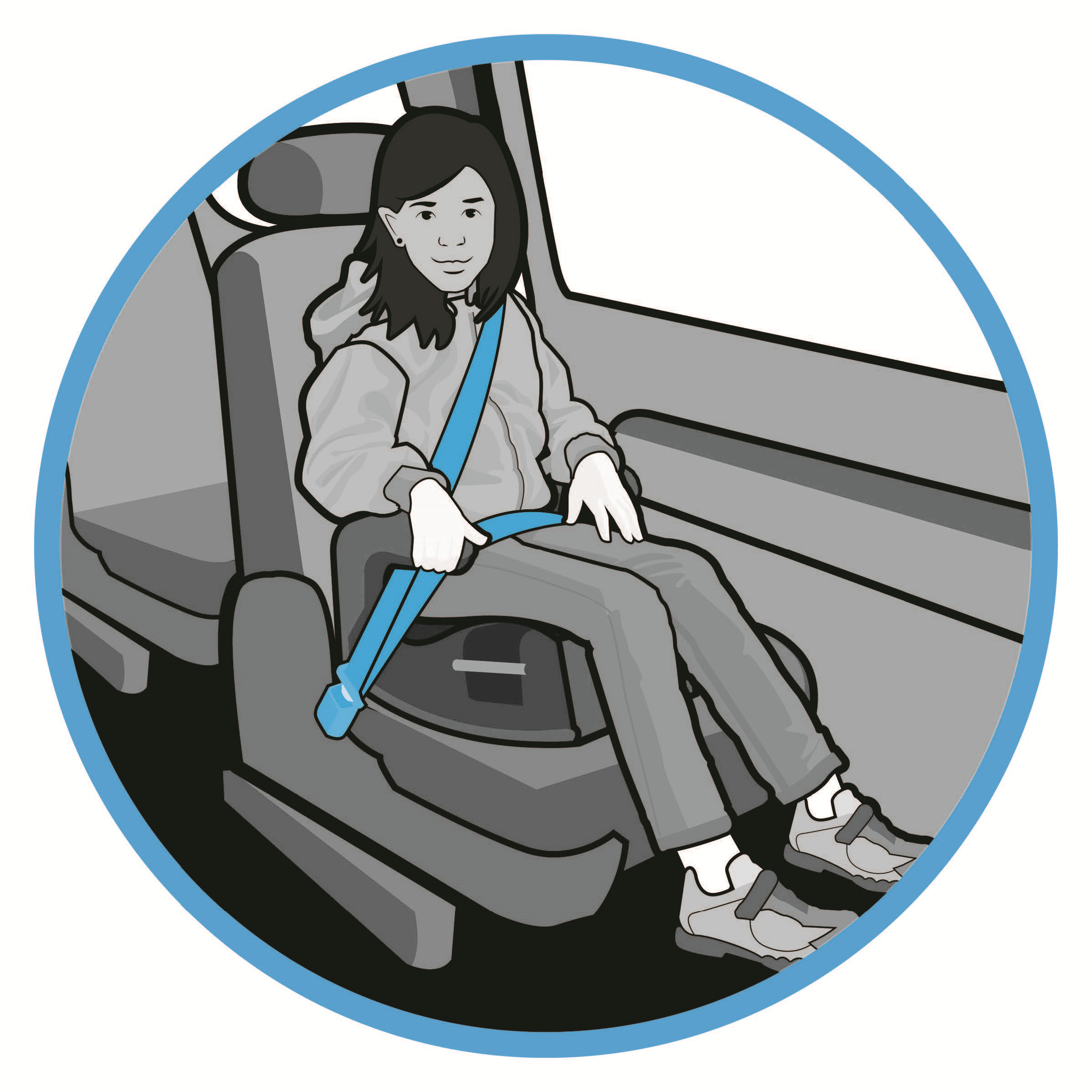 Child sitting on a backless booster seat, buckled into the seat with the seat belt.