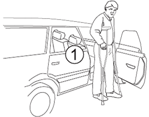 Man standing with crutches with his back to car, with the passenger door open.