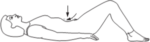 Person lying on back, knees bent and feet flat while pulling their belly button towards their spine.