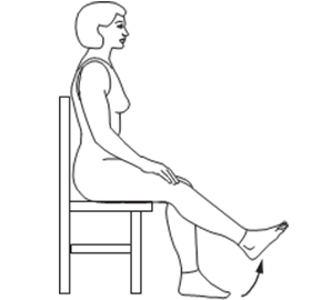Person sitting on chair, lifting 1 foot and straightening knee.