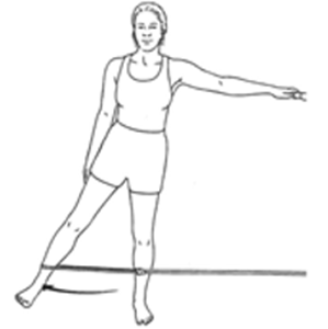 Woman standing on one foot as she lifts her other leg out sideways, against the tension of a rubber band.