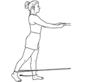 Woman standing on one foot as she kicks one leg backwards, against the tension of a rubber band.
