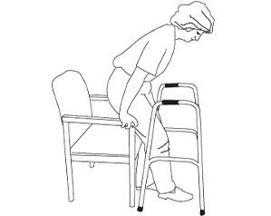 Woman lowering herself down on a chair using the chair's arms.