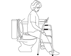 Woman sitting on a toilet.