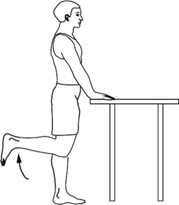 Standing up straight, feet flat on the floor, holding onto counter top or table for balance, lift one foot so heel is moving towards buttocks.