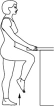 Standing up straight, feet flat on the floor, holding onto counter top or table for balance, lift one knee forward like you are taking a step.