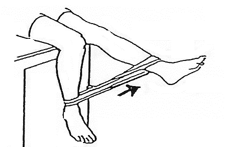 Sitting in chair, elastic loop around both ankles, one foot on the floor, other leg straightening to stretch elastic loop.