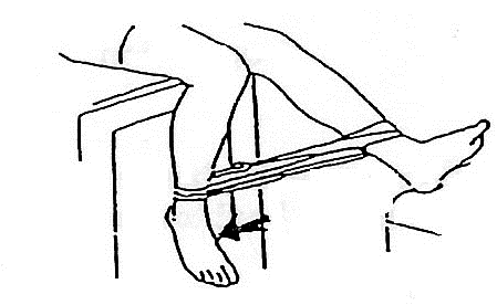 Sitting in chair, elastic look around both legs, one leg on another chair, take the second leg and pull that foot back under your chair.