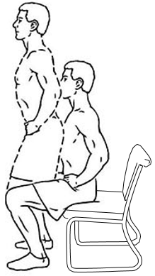 Sitting on edge of chair, feet shoulder width apart, slowing rise to standing position without using hands. Equal weight on each foot.