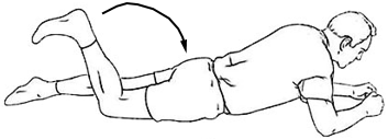 Lying on stomach, bend leg and lift heel towards buttocks.
