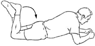 Lying on stomach, bend both legs up, crossing one over the other. Use leg on the outside to push inside leg towards buttocks.