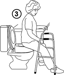 Gently lower yourself onto chair or toilet, using armrests, countertop, or sink for support.