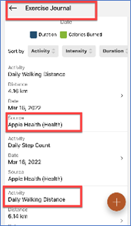 Exercise journal, daily walking distance
