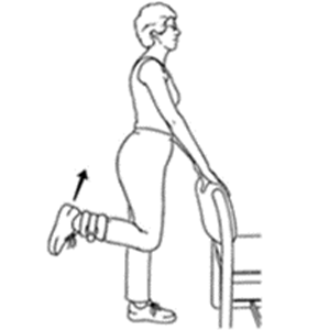 Woman standing, holding on to a chair, and bending her leg at the knee, raising her ankle up towards her rear.