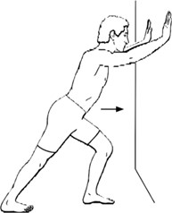 Face the wall and place hands on wall at shoulder height, bend one leg. Lean forward over hips until you feel a stretch in the back of the straight leg.